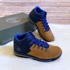 New In Box- Timberland Gt Rally Mid Hiker Medium Brown Suede & Navy Fabric Lace-Up Boots With Ortholite Footbeds, Sensorflex Technology And Rubber Soles. Casual Blue Leather Waterproof Boots, Blue Leather Hiking Boots, Timberland Lace-up Hiking Boots With Cushioned Footbed, Timberland Leather Low-top Hiking Boots, Timberland Low-top Hiking Boots With Rubber Sole, Low-top Timberland Hiking Boots With Rubber Sole, Brown Timberland Lace-up Hiking Boots, Timberland Brown Lace-up Hiking Boots, Blue Leather Timberland Boots