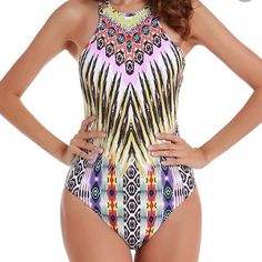 Blooming Jelly One Piece Swimsuit Multicolor Printed One Piece For Beach Party, Multicolor Sleeveless Bodysuit For Beach Season, Multicolor Printed One-piece For Poolside, Multicolor Sleeveless One Piece For Beach Season, Multicolor Sleeveless One-piece For Beach Season, Yellow Beach Party Bodysuit, Multicolor Printed One-piece Swimsuit For Pool, Printed Multicolor One-piece Swimsuit For Pool, Yellow Bodysuit For Beach Party