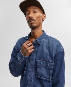 in stock Dark Wash Tops With Pockets For Streetwear, Dark Wash Shirt With Pockets For Streetwear, Dark Wash Tops With Button Closure For Streetwear, Relaxed Fit Medium Wash Top For Streetwear, Medium Wash Top With Button Closure For Streetwear, Urban Denim Tops With Pockets, Urban Denim Top With Pockets, Urban Denim Tops With Relaxed Fit, Dress Shirt And Tie