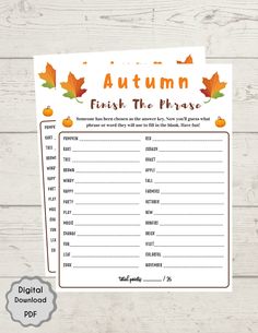 an autumn trink the phase printable game with leaves and pumpkins on it