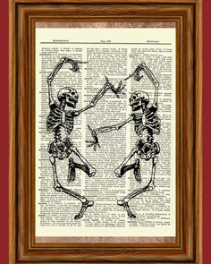 two skeletons dancing on an old book page in a wooden frame, with red background