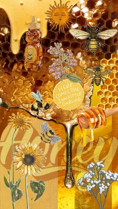 bees and honeycombs are depicted in this collage, with the words bee on it