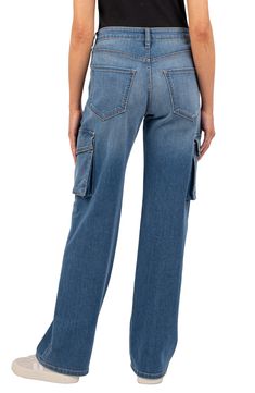 Rock a retro look in stretchy, high-rise cargo jeans made with full-length wide legs and Fab Ab front pockets that shape and smooth. 31 1/2" inseam; 22" leg opening; 10 1/2" front rise; 15" back rise (size 8) Zip fly with button closure Five-pocket style; side flap-patch pockets 93% cotton, 6% polyester, 1% spandex Machine wash, tumble dry Imported Wide Leg Cargo Jeans, Rock A, Cargo Jeans, Wide Legs, Retro Look, Full Length, High Waist, Wide Leg, High Rise