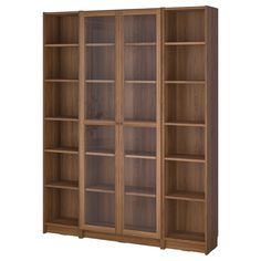 a wooden bookcase with glass doors and shelves