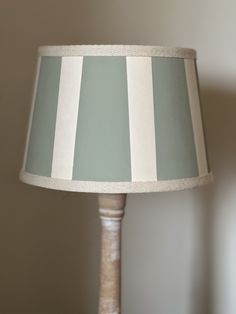 a lamp that is sitting on top of a wooden table with a white and blue shade