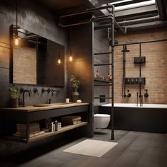 an industrial style bathroom is shown in black and brown tones, with exposed lighting above the sink