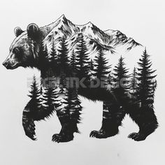 a black and white drawing of a bear in front of mountains with trees on it