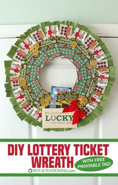 a christmas wreath hanging on a door with the words lucky written in front of it