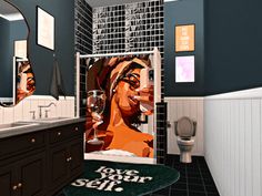 the bathroom is decorated in black and white with a woman's face on the shower curtain