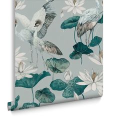 a wallpaper with birds and water lilies on it, in grey background that has white flowers