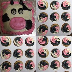 the cupcakes are decorated with black, pink and white icing as well as a cow's head