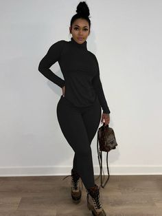 Fabric: Made of 70%-80% spandex.Features: Solid color. high neck. long sleeve. long pants. legging pants. two-piece outfits.Style: Casual. Suit Jumpsuit, Pants Outfits, Turtleneck Long Sleeve, Matching Leggings