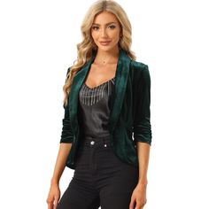 Introducing the Allegra K Velvet Cardigan - the perfect addition to your wardrobe essentials. Made with a luxurious blend of 92% polyester and 8% spandex fabric, this cardigan features an open front and lapel collar to showcase your feminine side. It is versatile and can be worn for both casual and formal occasions such as work, office, business meetings, or even a coffee shop date. Pair it with your favorite jeans or pants to complete your chic look. Get ready to turn heads with this stylish an Green Velvet Blazer, Velvet Cardigan, Womens Crewneck, Short Sleeve Cardigan, Green Outfit, Office Business, Womens Blazers, Blazer Outfits, Feminine Outfit