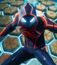 a person in a spider suit standing on top of a blue and red background with he's arms outstretched