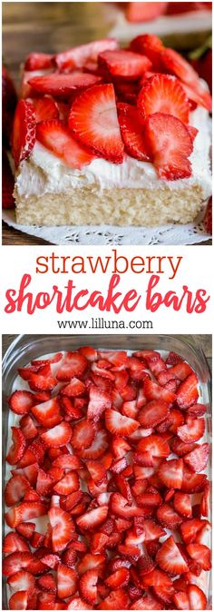 strawberry shortcake bars with whipped cream and fresh strawberries on top