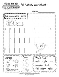 the fall activity worksheet for kids to practice their crosswords and word work