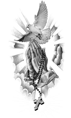 a black and white drawing of a dove holding a rosary