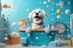 a white dog sitting in a blue bathtub filled with bubbles