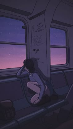 a woman sitting on a train seat looking out the window at the sky and stars