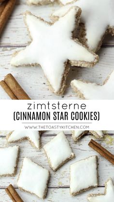 homemade cinnamon star cookies with cinnamon sticks on the side