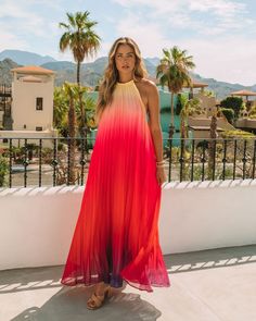 Mykonos Pleated Ombre Halter Maxi Dress - Pink Red Ins Street Beach Dress Casual, Sunset Yellow, Purple Tones, Halter Maxi Dress, Party Dress Long Sleeve, Halter Maxi, Pleated Maxi Dress, Puff Sleeve Dresses, Pleated Maxi