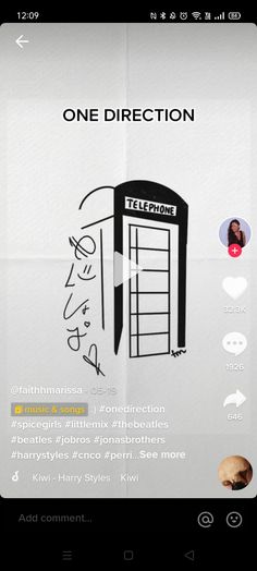 a phone screen with the text one direction on it and an image of a telephone booth