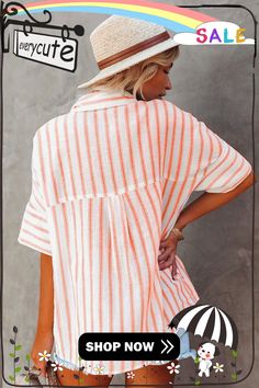 Orange Pocketed Striped Shirt Orange Collared Tops For Summer, Chic Striped Shirt For Beach, Chic Orange Collared Top, Chic Orange Short Sleeve Top, Orange Button-up Summer Top, Orange Button-up Tops For Summer, Summer Orange Button-up Top, Orange Short Sleeve Tops With Pockets, Collared Beach Tops With Pockets