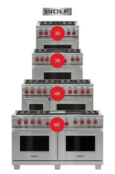 four stoves are stacked up in the shape of a pyramid with red numbers on them