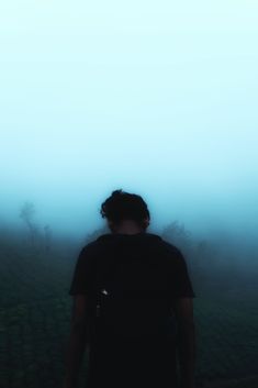 a person standing in front of a foggy field