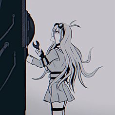 a drawing of a woman with long hair holding a wrench in one hand and standing next to a door