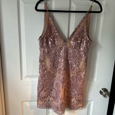 Free People Sequin Embroidered Nude Lining With Light Pink Blush Cocktail Dress. Never Worn. Shirt And Cute. Embroidered Lace V-neck Mini Dress, Embroidered V-neck Fitted Mini Dress, Embroidered V-neck Mini Dress For Parties, Blush Cocktail Dress, Free People Black Dress, Sequin Short Dress, Light Pink Blush, Sequin Short, Denim Tunic