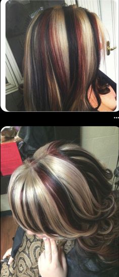 blinde hair with red and black highlights 2018 Hair Trends, Brunette Color Highlights, Red Blonde And Black Highlights, White Chunky Highlights Black Hair, Brown And Red Chunky Highlights, Red Hair Platinum Highlights, Short Hair Skunk Highlights, Chunky Highlights Black And Blonde, Black Hair Red Skunk Stripe