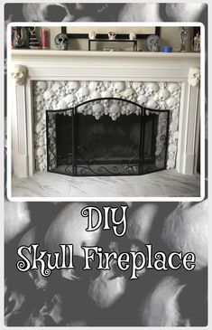 the fireplace is decorated with white flowers and skulls in black and white, as well as text that reads diy skull fireplace