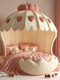 a bedroom with a bed made to look like a tent and some stuffed animals on it