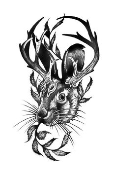 a black and white drawing of a deer's head with antlers on it