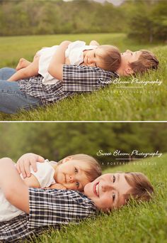 two photos of a woman holding a baby in her arms while laying on the grass