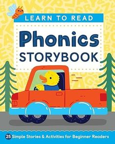 an orange truck driving down a road next to pine trees and a sign that reads learn to read phonics storybook