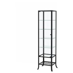 a tall glass display case with shelves on the bottom and bottom, in black metal frame