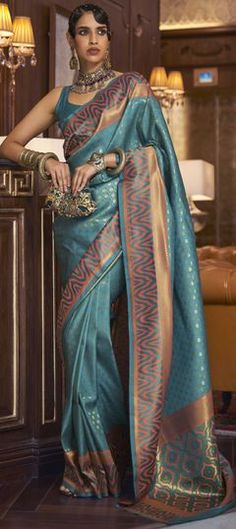 Blue color Saree in Handloom fabric with Weaving work Teal Blue Blouse, Blue Silk Saree, Handloom Weaving, Silk Saree Banarasi, Handloom Fabric, Bridal Silk Saree, Blue Saree, Traditional Sarees, Peacock Blue