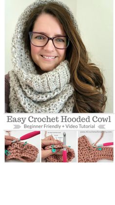 the easy crochet hooded cowl is shown with instructions to make it easier