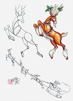 a drawing of reindeers and santa's sleighes flying through the air