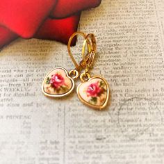 "These are absolutely adorable one of my favorites very Victorian style they are only .5\" long .5\" wide with a red/pink rose and heart shape bezel" Vintage Rose Jewelry For Valentine's Day, Vintage Rose Design Jewelry For Valentine's Day, Vintage Rose Design Jewelry As A Gift, Vintage Nickel-free Earrings For Valentine's Day, Nickel Free Vintage Earrings For Valentine's Day, Vintage Drop Earrings For Valentine's Day, Charming Earrings As A Gift, Charming Earrings For Pierced Ears As Gift, Vintage Gold Flower Earrings For Gift