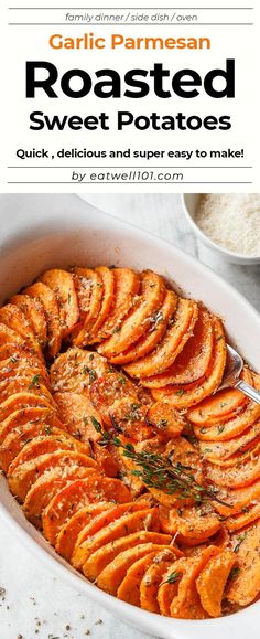 roasted sweet potatoes in a white casserole dish with text overlay reading roasted sweet potatoes