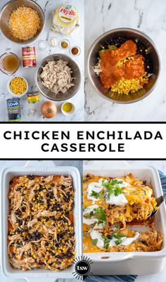 the chicken enchilada casserole has been made in one pan and is ready to be eaten