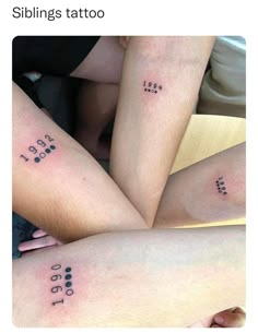 three people with tattoos on their legs and one has the words i love you too