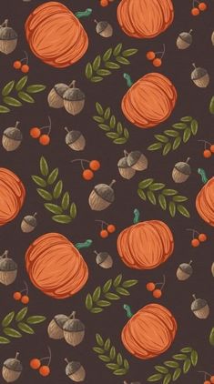 an orange and green pattern with acorns and leaves on a black background,