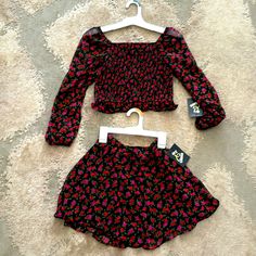 The Top Is A Medium (Size 8) And The Skirt Is A Small (Size 6/7). Red And Pink Floral On A Black Chiffon Material. Purchased For My Daughter But She Ended Up Going With Another Outfit. I’d Say It Runs A Little Big. The Small Bottom Is More Like A Medium- That’s Why They’re Different Sizes. Back Zipper Closure On The Skirt Top Can Be Worn On Or Off The Shoulder. By Art Class From Target Playful Black Sets For Spring, Playful Black Spring Sets, Fitted Summer Bottoms From Target, Summer Fitted Bottoms By Target, Target Fitted Bottoms For Spring, Fitted Spring Bottoms By Target, Fitted Spring Bottoms From Target, Flamingo Outfit, Top And Skirt Set