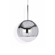 a chrome ball light hanging from the ceiling