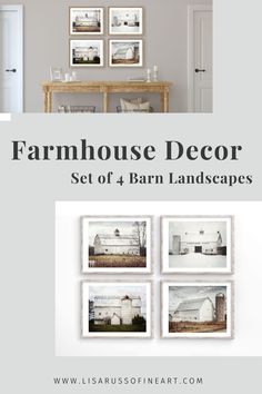 farm house decor set of 4 barn landscapes in white and gray with text overlay