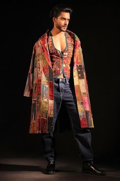 Multicolored patchwork double breasted long coat. - Aza Fashions Multicolor Long Coat With Patchwork, Double Breasted Long Coat, Coat For Men, Men Jackets, Coat Men, Fantasy Costumes, Coat Patterns, Double Breasted Coat, Gull